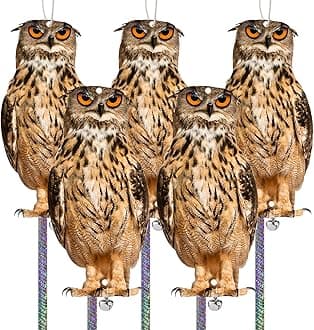 Owl to Keep Birds Away, 5 Pack Bird Scare Owl Fake Owl, Reflective Hanging Bird Decoration, Dual-Side Printed Owl to Keep Birds Pigeon Away from Patio Garden