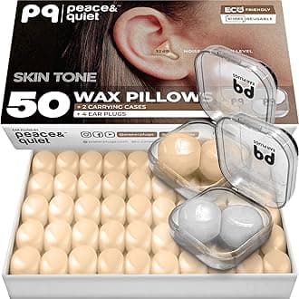 PQ Wax Ear Plugs for Sleeping, Swimming - 50 Noise Cancelling Silicone Gel Wax Earplugs for Sleep and Swimmers, Sound Blocking 32Db, (50-Pillows), Color: Skin Tone