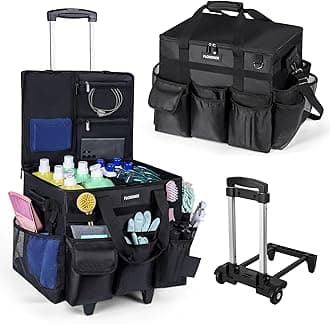 Large Rolling Cleaning Caddy Bag with Wheels, with Detachable Trolley, Cleaning Bags on Wheels for Housekeepers, Cleaning Cart Supplies Organizer for Home, Car, Picnic (Black)