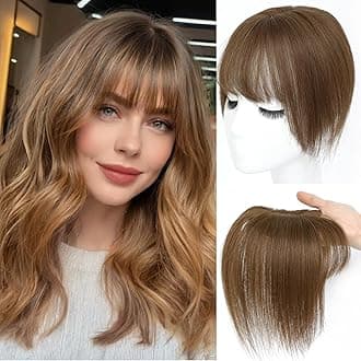 Hair Toppers for Women Real Human Hair， 360°3D Cover Toppers Hairpieces for Women with Thinning Crown Wispy Clip in Bangs Realistic Scalp Hairline (Light Brown, Wispy Bangs)