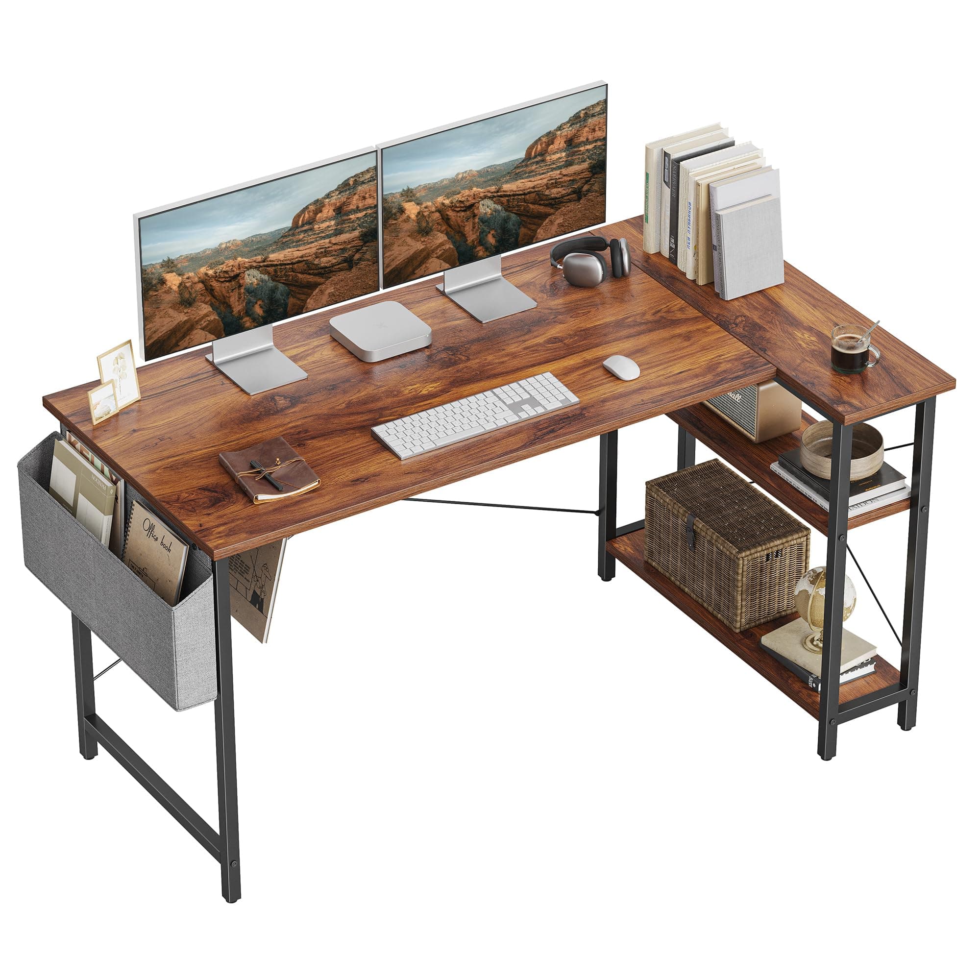 CubiCubi L Shaped Desk, 55" Computer Table with Reversible Storage Shelves Home Office Corner Study Writing Gaming, Brown