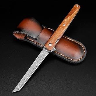 AUBEY Small Damascus Pocket Knife with Sheath, Sharp Tanto Blade Damascus Folding Knife for EDC, Wood Handle, Gift for Men Women
