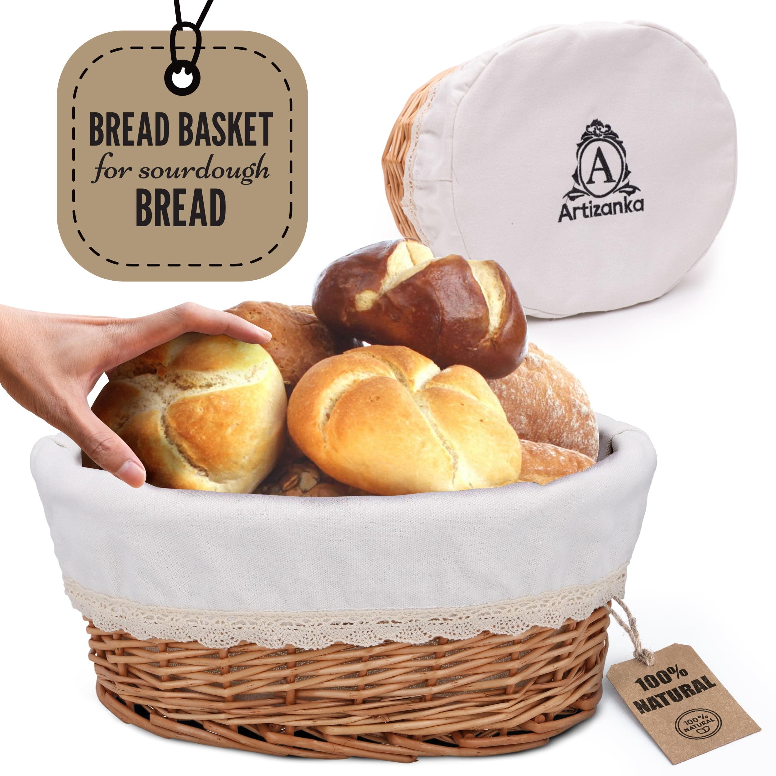 Large Handmade Wicker Bread Basket for Serving Set – 12 inch Sourdough Bread and Pastries Basket with Removable Liner and Cover Bread Storage Container and Fruit Basket