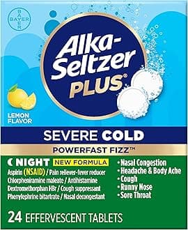 Alka-Seltzer Plus Severe Cold PowerFast Fizz Effervescent Tablets, Nighttime Cold Symptom Relief, 24 Count