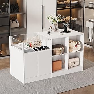Display Cabinet Island with Glass Top, Walk-in Closet Organizer with 3 Drawers and 4 Shelves and a Hidden Storage Cabinet, Shop Display Case, Wardrobe Furniture, Living Room Storage, White