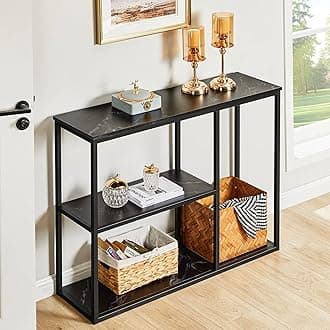 WOHOMO Console Table, 12'' Narrow Entryway Table for Living Room, 31.5'' x 31.5'' Black Marble Industrial Sofa Table with 3-Tier Storage Shelves for Corridor, Hallway, Black Marble