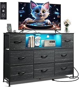 WLIVE Black Dresser for Bedroom, TV Stand for Bedroom for 55 inch TV with Charging Station and LED Lights, Fabric Chest of Drawers with Open Shelves, 8 Drawers Dressers for Living Room,