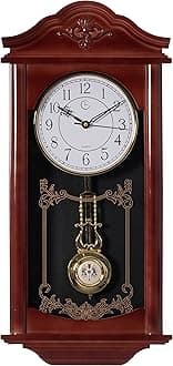Quickway Imports Vintage Grandfather Wood - Looking Plastic Antique Pendulum Wall Clock for Living Room Decor, Kitchen, Office, Or Dining Room, Silent Wall Mount Battery-Operated, Large Brown