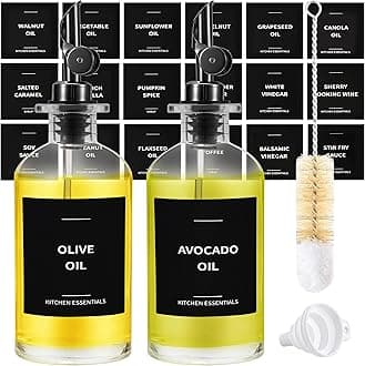 Spaceneat Olive Oil Dispenser Bottle - Includes 55 Kitchen Essential Labels - Cooking Oil Bottles for Kitchen, Coffee Syrup Dispenser - Pourer Spout with 11.8 fl oz Glass Container Cruet - 2pcs, Black