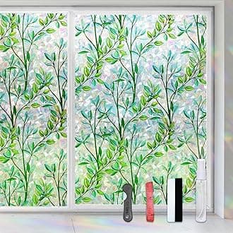 FILMGOO Window Privacy Film 3D Stained Glass Decals - Non-Adhesive Reusable Heat Blocking Window Clings, Green Leaf Design Decorative Film for Home Office Doors Windows(Leaf, 17.5 X 78.7 in)