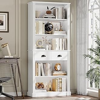FACBOTALL 72" White Bookshelf and Bookcase, Tall Bookshelf with Drawers, 5 Tier Book Shelf with Storage, Wood Display Storage Shelves, Tall Bookcase for Home Office, Study, White