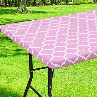 Smiry Rectangle Picnic Table Cover, Waterproof Elastic Fitted Camping Tablecloths for 6 FT Tables, Wipeable Flannel Backed Vinyl Tablecloth Protector for Valentines Day and Outdoor (Pink, 30" x 72")