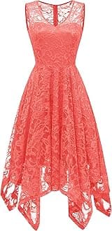 MeetjenWomen's Elegant Floral Lace Sleeveless Handkerchief Hem Asymmetrical Cocktail Party Swing Dress