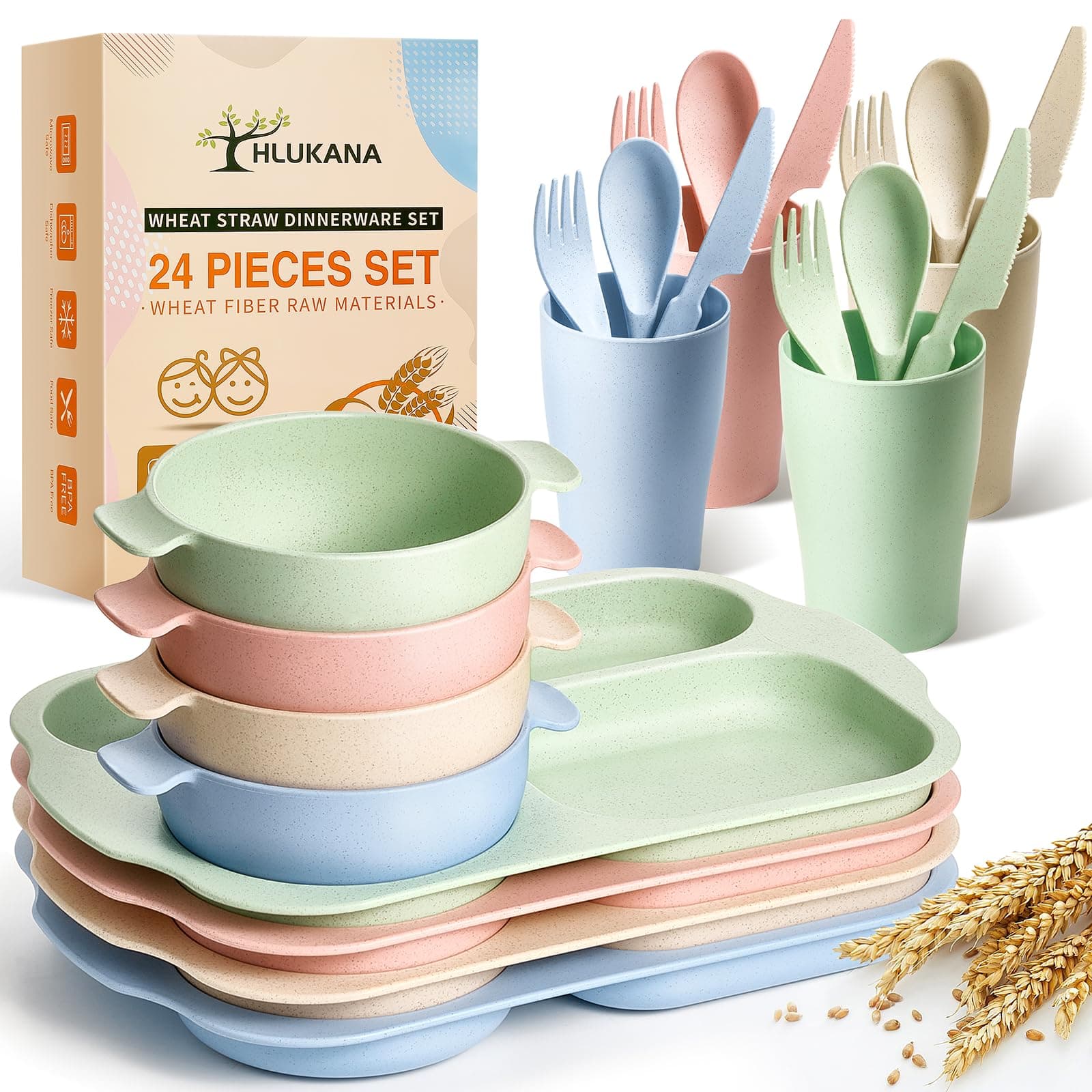 24 Pcs Wheat Straw Dinnerware Cutlery Set, Unbreakable Tableware Set, Including Kids Toddlers Divided Plates, Bowls, Cup, Cutlery Spoons Knifes Forks, BPA Free, Microwave Dishwasher Safe