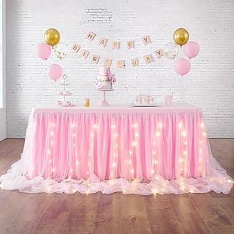 Pink Tulle Table Skirt for Baby Shower,9FT Pink Ruffle Tutu Table Skirt with LED Light for Princess Girls Birthday Party Cake Dessert Table Decorations