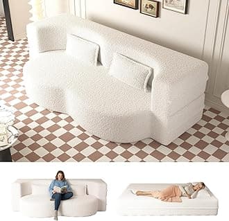 Folding Sofa Bed,15" Full Size Boneless Couch for Living Room, Convertible Teddy Fabric Foam-Filled Sleeper Futon Loveseat Couch for Living Room, Guest Use, Office, Apartmen (Beige)