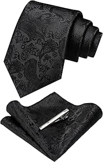 Mens Solid Color Paisley Necktie and Pocket Square with Tie Clip Sets