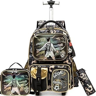 Kids Rolling Backpack with Wheels for Boys Rolling Backpacks with Lunch Box for Elementary School Students 3 in 1 Football Travel Luggage Suitcase for Boys Age 8-10
