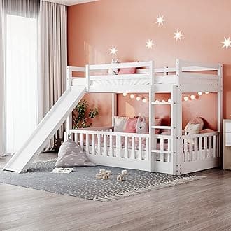 Bellemave Twin Over Twin Floor Bunk Bed with Slide and Ladder, Low Bunk Bed for Kids, Girls, Boys, Removable Fence, Bunk Bed with Slide, White