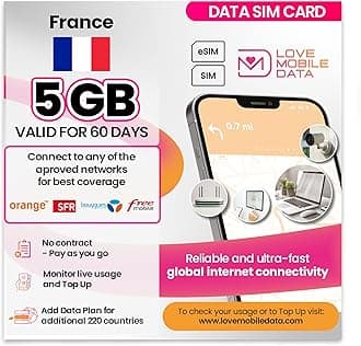 Love Mobile Data Only Sim Card - International Multi-Network 4G/5G Prepaid Pay As You Go Data Sim for Mobile Phones, WiFi Routers, & More, UK (O2, Three & Vodafone) & France - 5GB for 60 Days