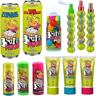 Brain Licker Candy Variety Pack Collection - Sour Apple, Black Cherry, Blue Raspberry, Strawberry, Colla, Grape - Spray, Fizz Tubes, Squeeze Tube, Balls - 12 Pieces