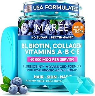 MAREE Vitamin B1 Thiamine & B7 Biotin Gummies - A E D C Vitamins Complex with Keratin, Collagen, Hyaluronic & Pantothenic Acid for Skin, Nails & Hair
