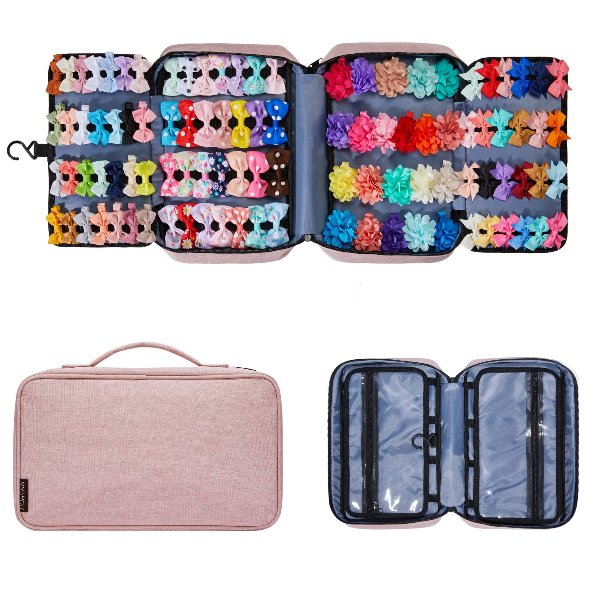 Hair Accessories Organizer for Girls Hair Accessories Storage Bag Hair Bow Storage Organizer with Multi Compartments Baby Hair Accessories Organizer for Travel, Pink