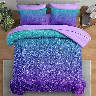 Comforter Set King Size, Colorful Girls Ombre Purple Glitter 7 Pcs Bedding for Kids and Adults, Neon Blue Teal Bed Sheet Sets with Fitted Sheet 2 Pillowcases & 2 Shams for Bedroom Bed Decor