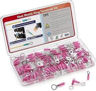 22-16 AWG Heat Shrink Ring Terminals Kit #10 1/4" 5/16" 3/8", Copper Terminal Connector Ends, Battery Cable Lugs, Red Electrical Crimp Connectors, Wire Lug for 22, 20, 18, 16 Gauge Wires, 100PCS