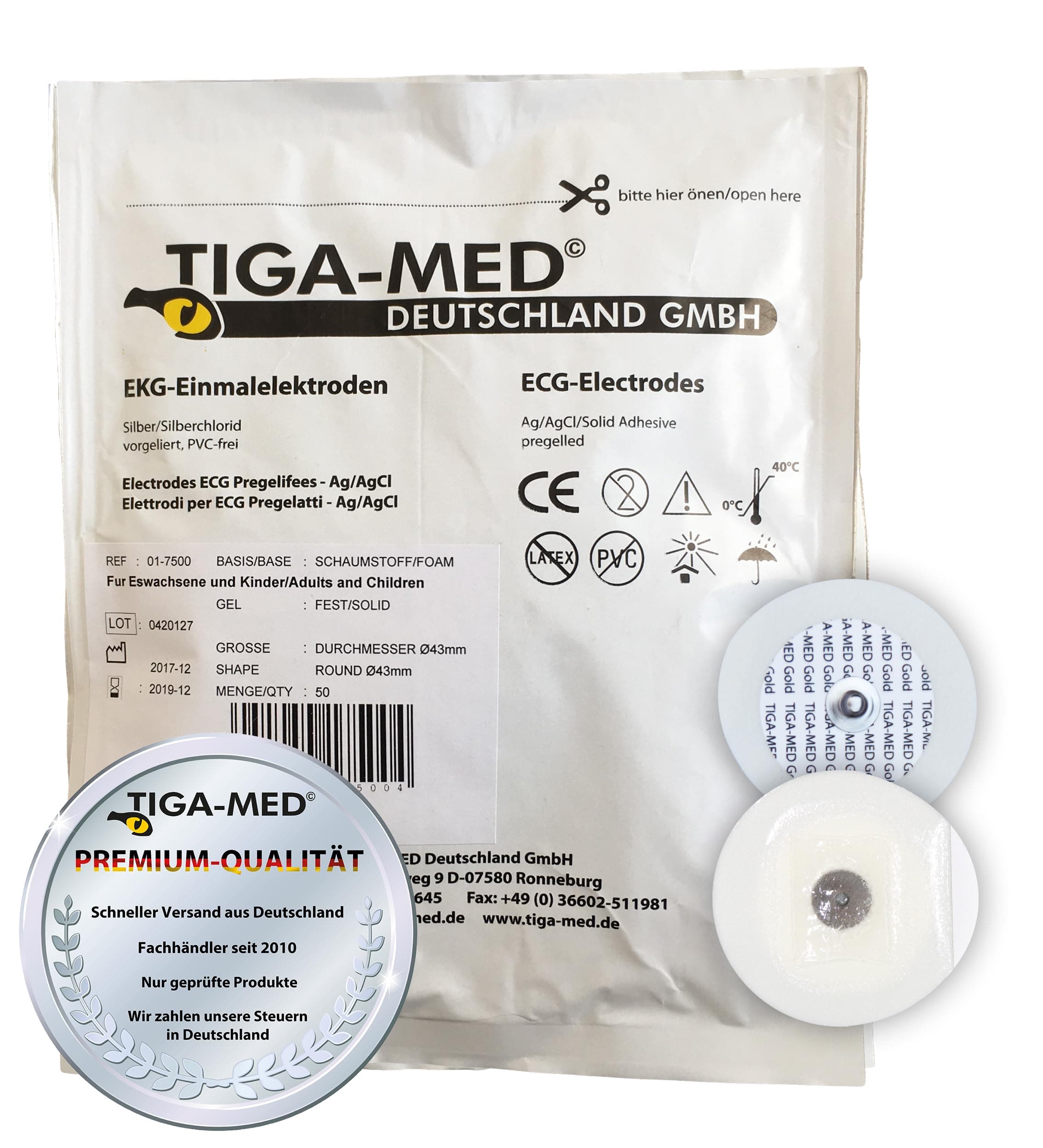TIGA-MED Disposable ECG Electrodes – Solid Gel Snap/Stud Pads, Strong Adhesion, Ag/AgCl Sensor, 100 Pack (2x50), 43 mm, Hypoallergenic (Latex & PVC-Free), Made in EU
