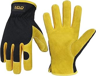 HANDLANDY Work Gloves for Men Women, Utility Leather Gardening Gloves - Safety Working Gloves Cowhide Dexterity & Breathable Design (S, Yellow)