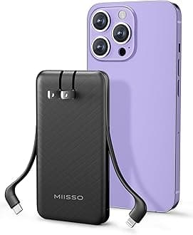 miisso Ultra Slim 10000mAh Power Bank Built-in Cables and Foldable AC Wall Plug, Pocket Size USB C Portable Charger, External Battery Pack Compatible with iPhone Samsung iPad etc, Black
