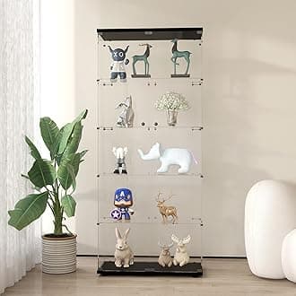 - Frameless Glass Display Cabinet, Curio Cabinet with Lock and 2 Doors, Quick-Install Floor Standing Large Showcase Display Shelf for Collectibles, Legos, Figures, Plants
