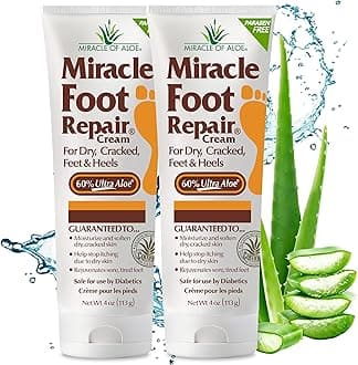 Miracle of Aloe Foot Repair Cream, 4 oz Repairs Dry Cracked Heels and Feet, Diabetic-Safe, 60% Pure Ultra Moisturizes, S tens, and Repairs, Relief from Discomfort Ingrown Toenails (2-Pack)