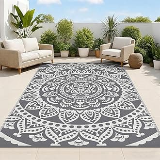 Bsmathom Waterproof Outdoor Rug 6'x9' Reversible Boho Plastic Straw Patio Deck Camping Rugs, Indoor Outdoor Portable RV Mat Clearance Carpet for Outside, Porch, Balcony, Backyard, Beach, Pool,Grey