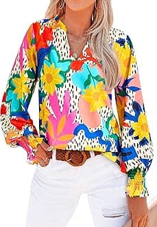 MASCOMODA Womens V Neck Floral Long Sleeve Tops 2026 Summer Casual Loose Puff Sleeve Chiffon Boho Work Blouse Dressy T Shirts
