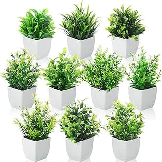 Dekorly Artificial Potted Plants, Artificial Plastic Eucalyptus Plants Small Indoor Potted Houseplants, Small Faux Plants for Home Decor Bathroom Office Farmhouse (Set 0F 10)