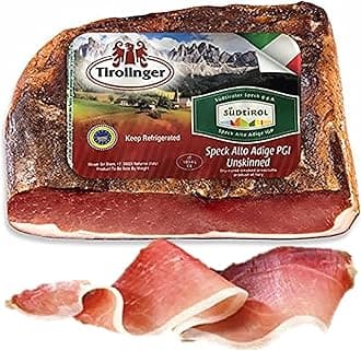 Speck, 6 lbs +/- (4lbs - 6lbs/piece) ,Seasoned and Smoked Italian Ham, Cured in the European Alps Mountains, Alto Adige IGP, Boneless and Ready to Slice, Best sliced paper thin with slicer, (Not Prosciutto), Weight approx. 6 lbs, by Moser Tirolinger brand