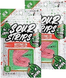 SOUR STRIPS Watermelon Flavored Sour Candy Strips | Deliciously Sour Chewy Candy Belts | Vegan Friendly Candies, 12 Strips per Pack, 2 Pack