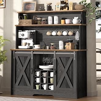 BestHaped Farmhouse Coffee Bar Cabinet with 3 Tier Storage Hutch, 47'' Coffee Bar Station with Sliding Barn Door, Hutch Storage Cabinet with 9 Wine Racks & 9 Hooks for Kitchen Dining Living Room