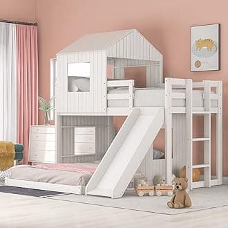 Merax House Bunk Beds No Box Spring Needed with Slide, Ladder and Safety Guardrail for Teens, Girl or Boys Loft, Twin Over Full w/Slide, White