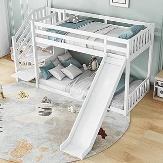 Bunk Bed for Kids & Children, Wooden Cabin Bed Frame with Stairs & Slide, 3ft Children Bed Frame with 2 Single Bed & Storage Stairs, Solid Pine, 90 x190cm, White, (No Mattress)