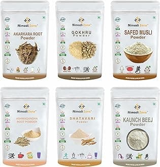 - Pack Of 6 Different Powers i.e Akarkara, Gokhru, Safed Musli, Kaunch, Ashwagandha & Shatavari (200 grams pack each) = 1200 grams Total