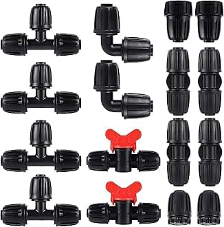 16 Pcs 1/2 inch Tubing Irrigation Fittings Kit, For (1/2" ID x0.6-0.63" OD) 16mm Drip Tubing Barbed Locked Nuts Connectors 2 Ends,2 Elbows,2 Switch Valves,2 US Standard Adapters,4 Tees 4 Couplings