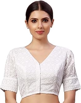 Studio ShringaarWomen's Readymade Cotton Chikankari Saree Blouse with Puff Sleeves