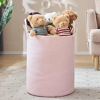 YOUDENOVA Woven Rope Laundry Hamper, 58L Tall Luandry Basket, Baby Nursery Hamper for Blanket Storage, Clothes Hamper for Laundry in Bedroom-Large-Pink