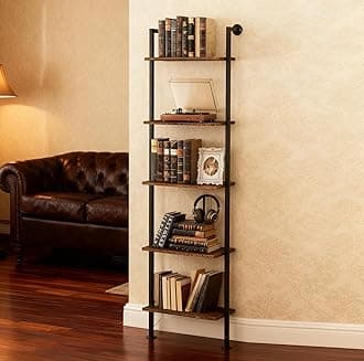 5-Tier Bookshelf Solid Wood Ladder Shelf, Narrow Book Shelf Display Shelf, Wooden Bookcase, Wall Mount Ladder Shelf, Storage Rack for Living Room, Bedroom, Industrial Style, Dark Brown