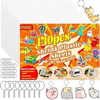 Gushu 140 Pcs Shrink Dink Sheets Keychain Making Kit, 20 Blank Heat Shrinky Art Papers (7.9 x 5.7 Inch) with 120 Keychain Accessories for DIY Crafts, Creative Handprint Art for Teens & Adults