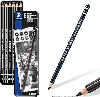 Mars Lumograph Black, Carbon Blend Provides Jet Black Lines, Professional Art Pencils, Tin of 6 Assorted Black Sketch Pencils, 100B G6