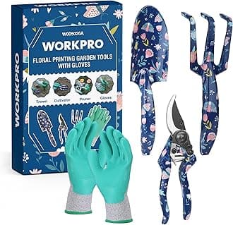 WORKPRO Aluminum Garden Tool Set, 4PCS Heavy Duty Hand Garden Tools with Box Include Trowel, Rake, Pruner, Garden Gloves, Floral and Insect Printing, Garden Gifts